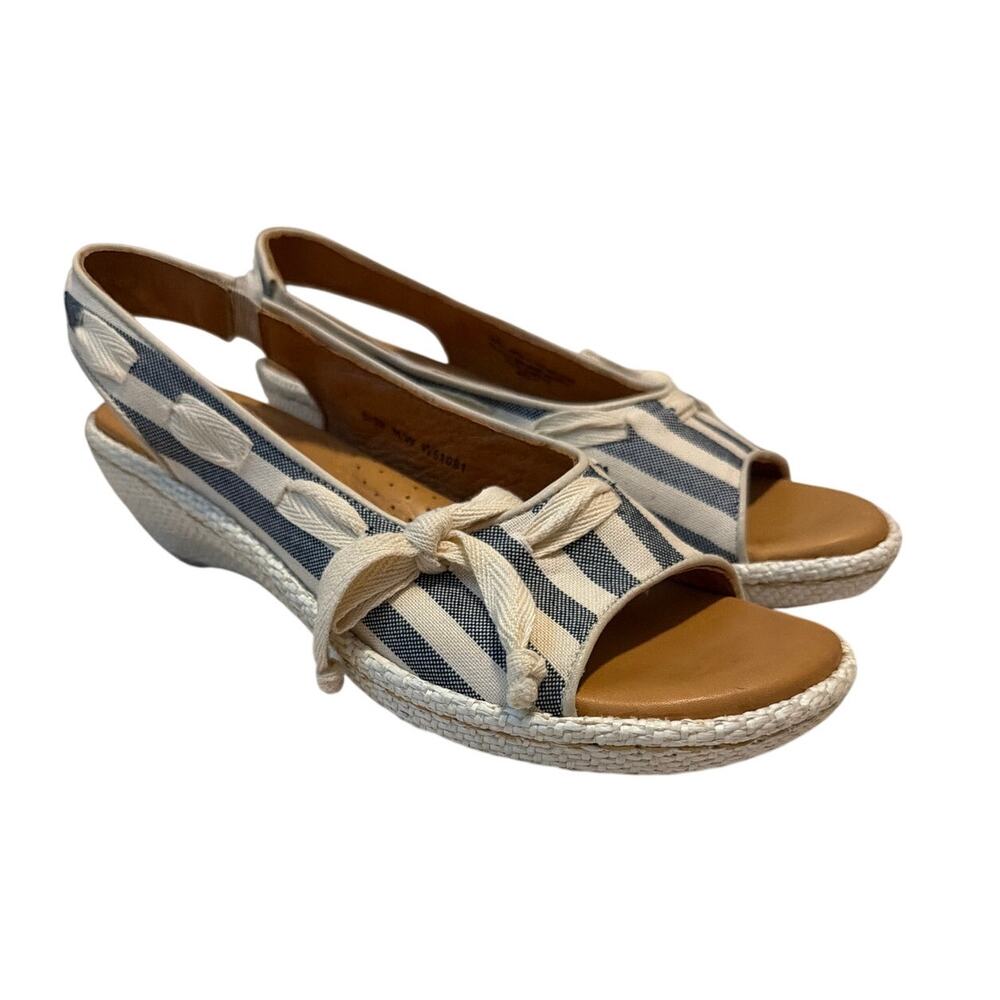 BORN Blue/White Open Toe Slingback Jute Wrapped Kitten Heel Sz. 39 / 8 Resort